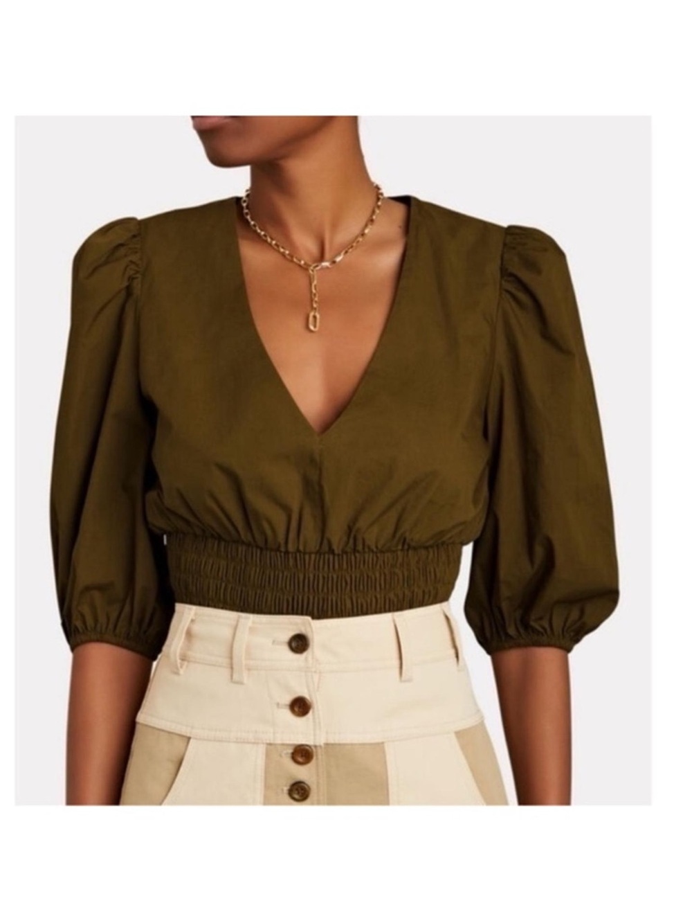 INTERMIX Olive Brown V-Neck Puff Sleeve Smocked Waist Top